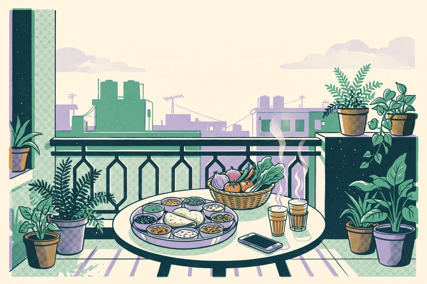 Illustrative generated scene of a sunny balcony table with two glasses of chai, a phone, a steel thali of small dishes and a basket of raw vegetables